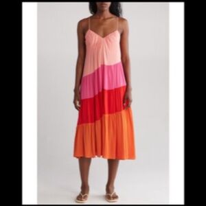 Lucy Paris Positano Color Block Tiered Midi Dress Pink, Orange Size M - NWT